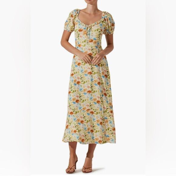 ASTR the Label NWT Yellow Multi Floral Midi Dress M - Picture 1 of 8